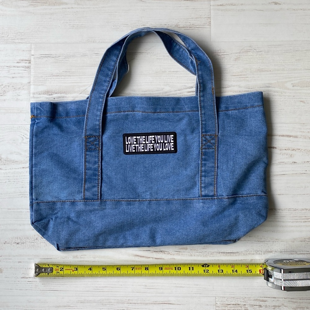 Denim tote bag. Live the life you live appliqué